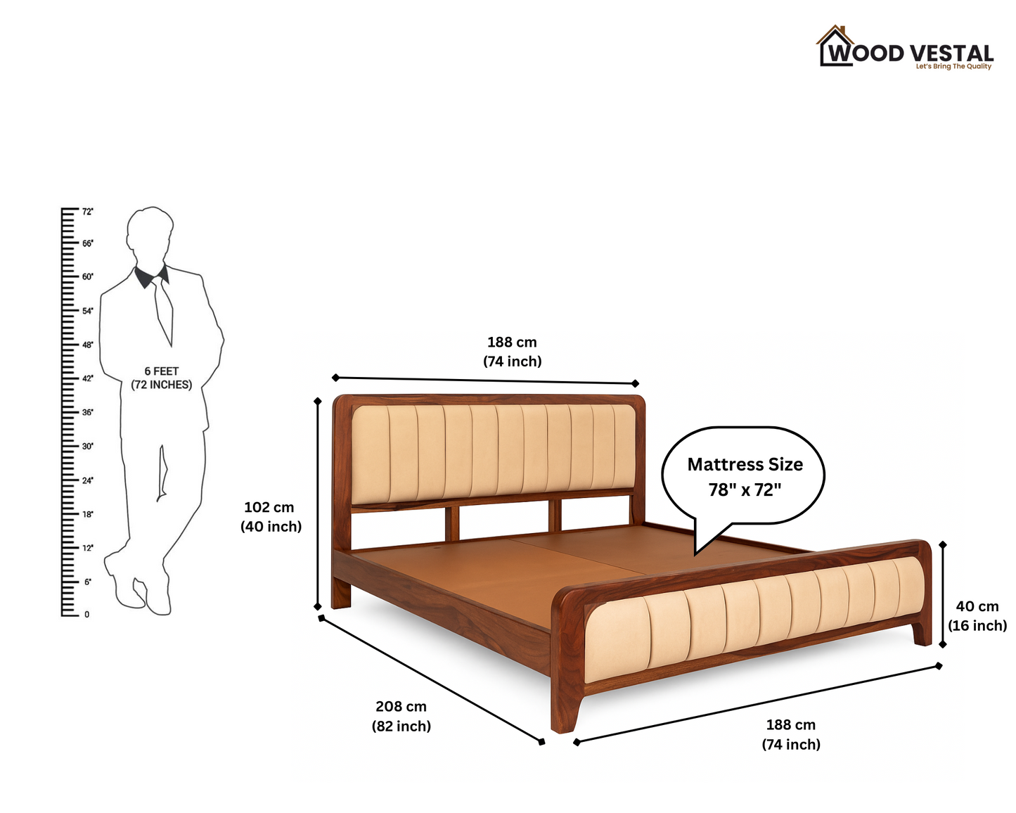 Sheesham Wood Bed with Upholstered Head Board & Foot Board, Solid Wood in Natural Finish, Modern Design | King Size - (78"x72") | Without Mattress & Side Tables | Low Highted