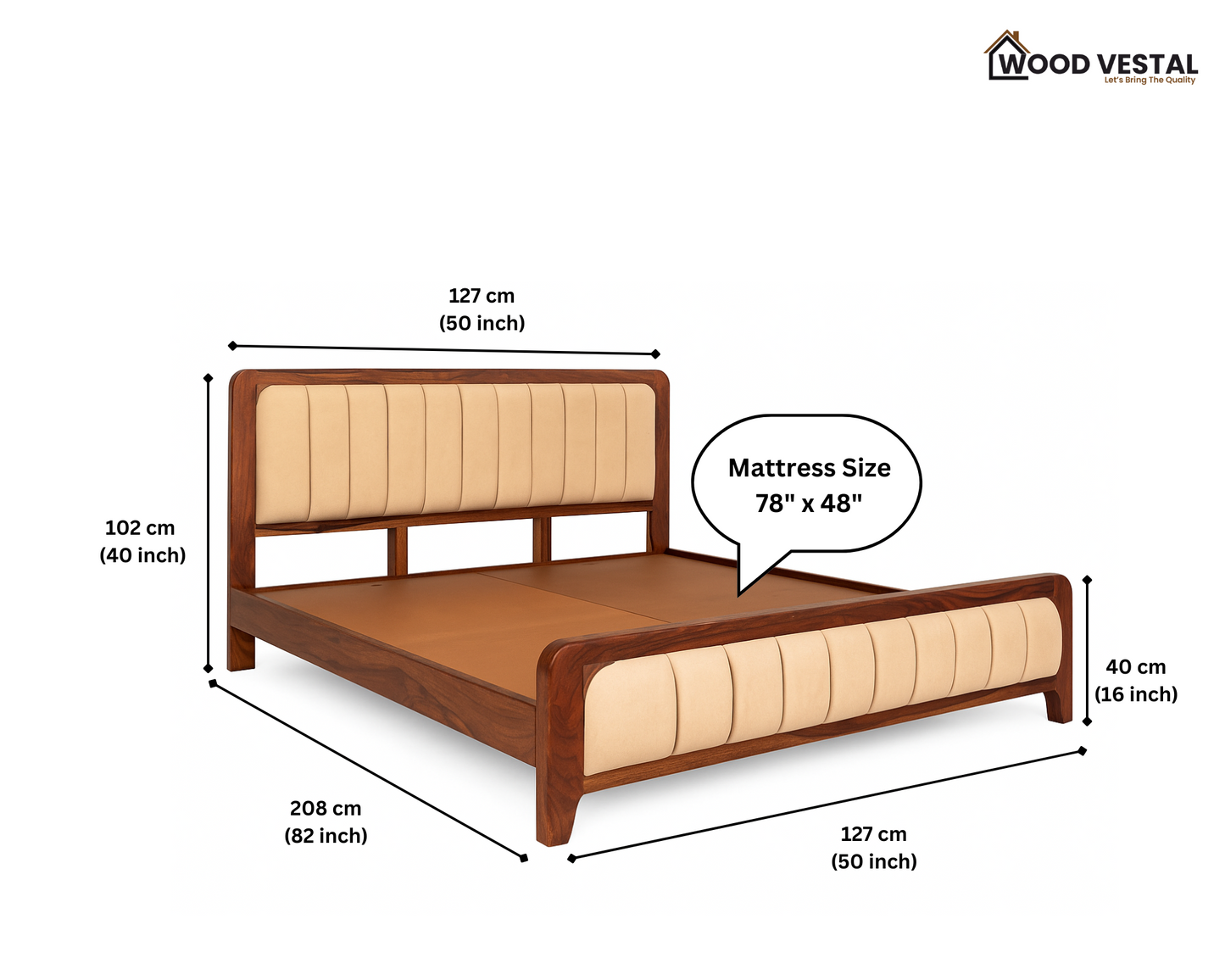 Sheesham Wood Bed with Upholstered Head Board & Foot Board, Solid Wood in Natural Finish, Modern Design | Single Bed - Mattress - (78"x48") | Without Mattress & Side Tables | Low Highted