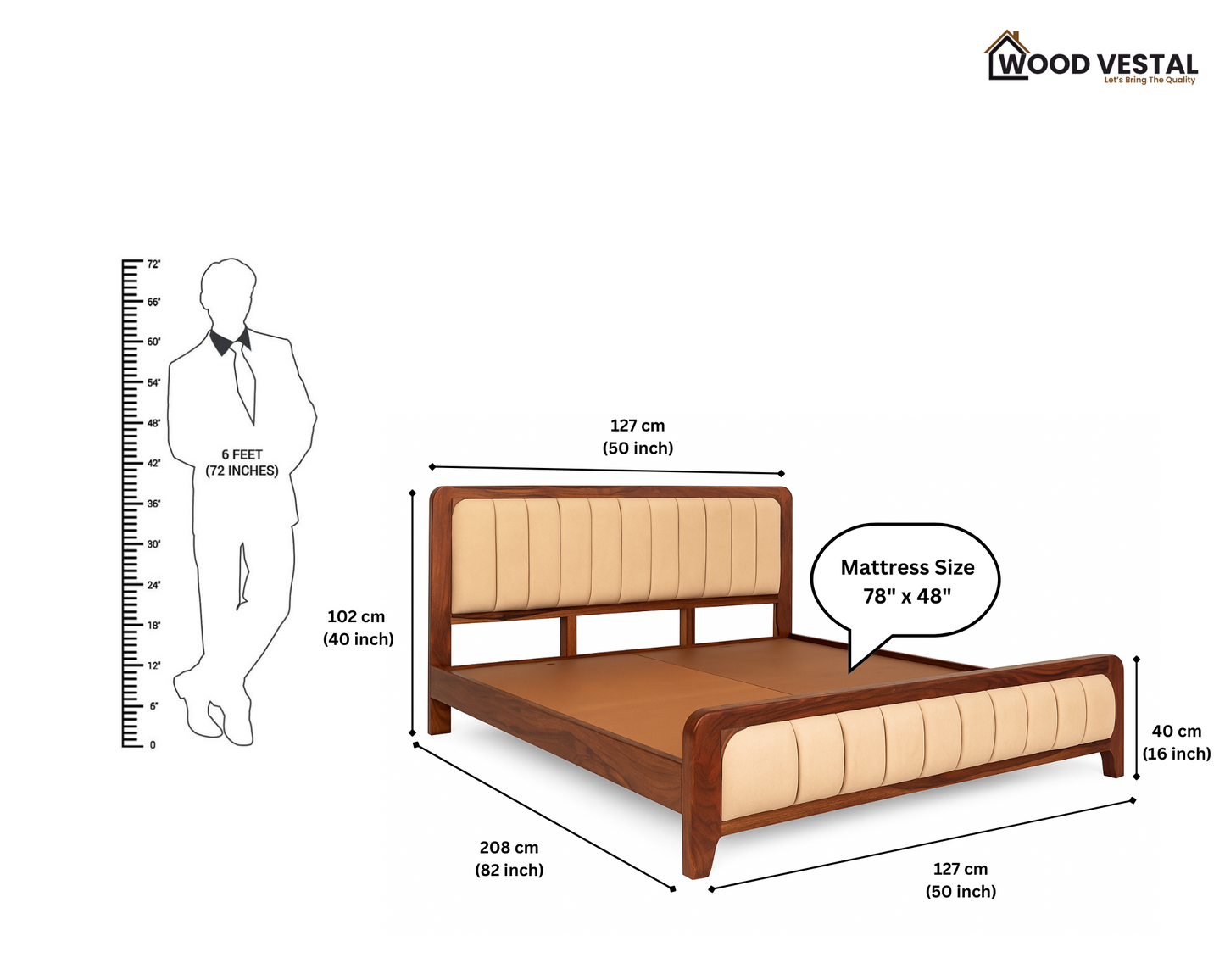 Sheesham Wood Bed with Upholstered Head Board & Foot Board, Solid Wood in Natural Finish, Modern Design | Single Bed - Mattress - (78"x48") | Without Mattress & Side Tables | Low Highted