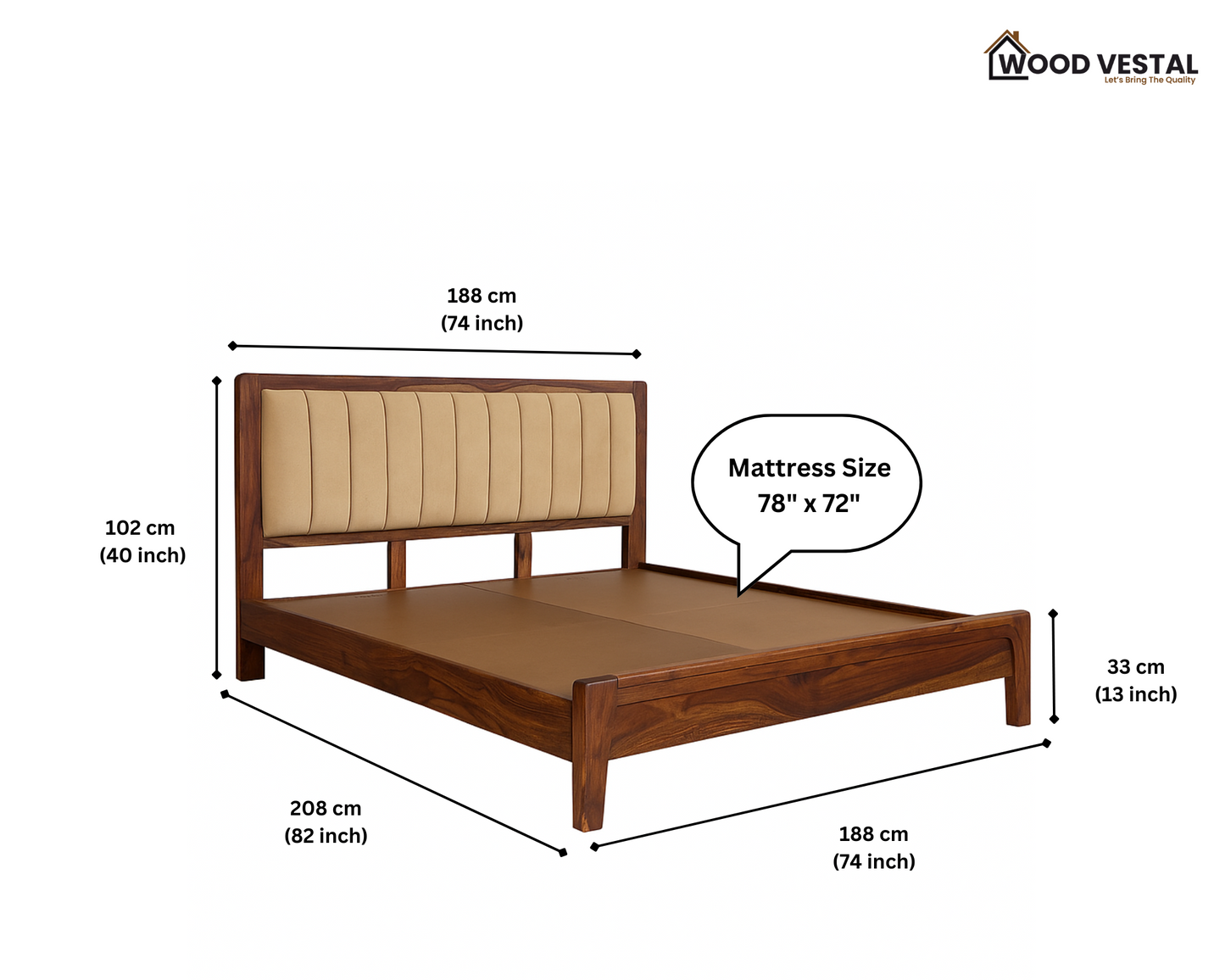 Sheesham Wood Modern Platform Bed with Upholstered Head Board, Solid Wood in Natural Finish, Modern Design | King Size - (78"x72") | Without Mattress & Side Tables | Low Highted