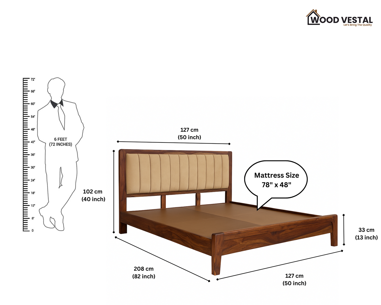 Sheesham Wood Modern Platform Bed with Upholstered Head Board, Solid Wood in Natural Finish, Modern Design | Sigle Bed | Mattress - (78"x48") | Without Mattress & Side Tables | Low Highted