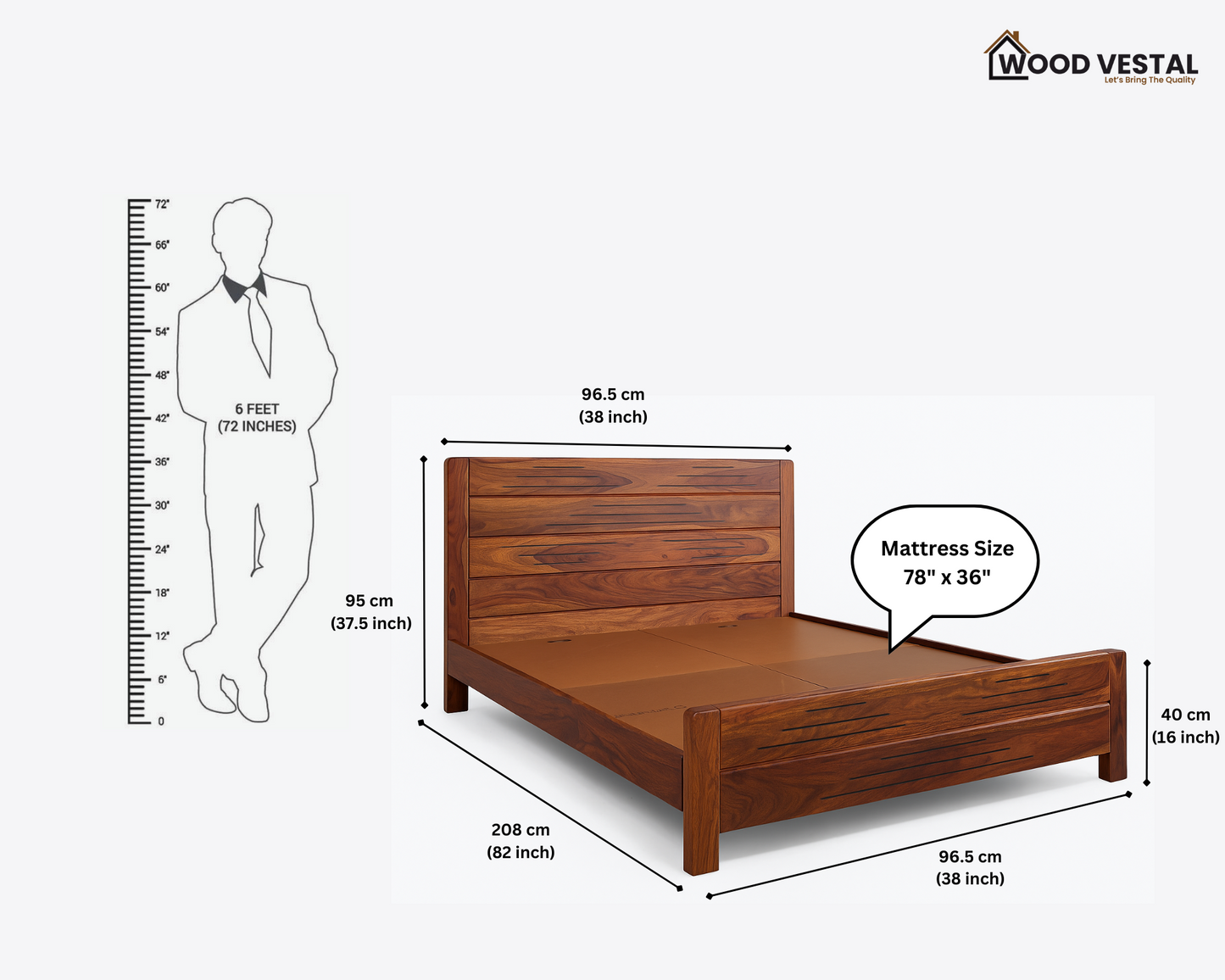 Sheesham Wood Bed Without Storage, Solid Wood in Natural Finish, Modern Design | Single Bed - Mattress Size (78"x36") | Bedroom Furniture | Without Mattress & Side Tables | Low Highted