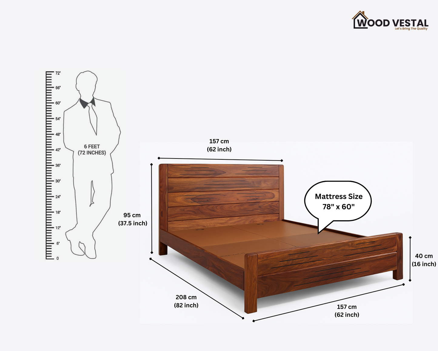Sheesham Wood Bed Without Storage, Solid Wood in Natural Finish, Modern Design | Queen Size - Mattress Size (78"x60") | Bedroom Furniture | Without Mattress & Side Tables | Low Highted