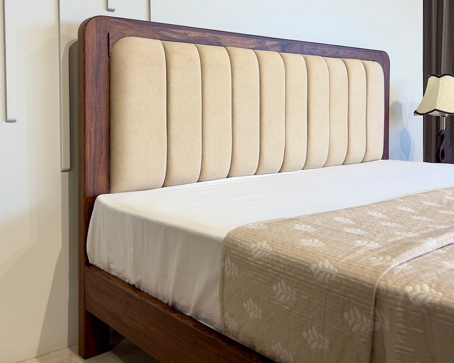 Sheesham Wood Bed with Upholstered Head Board & Foot Board, Solid Wood in Natural Finish, Modern Design | Queen Size - (78"x60") | Without Mattress & Side Tables | Low Highted