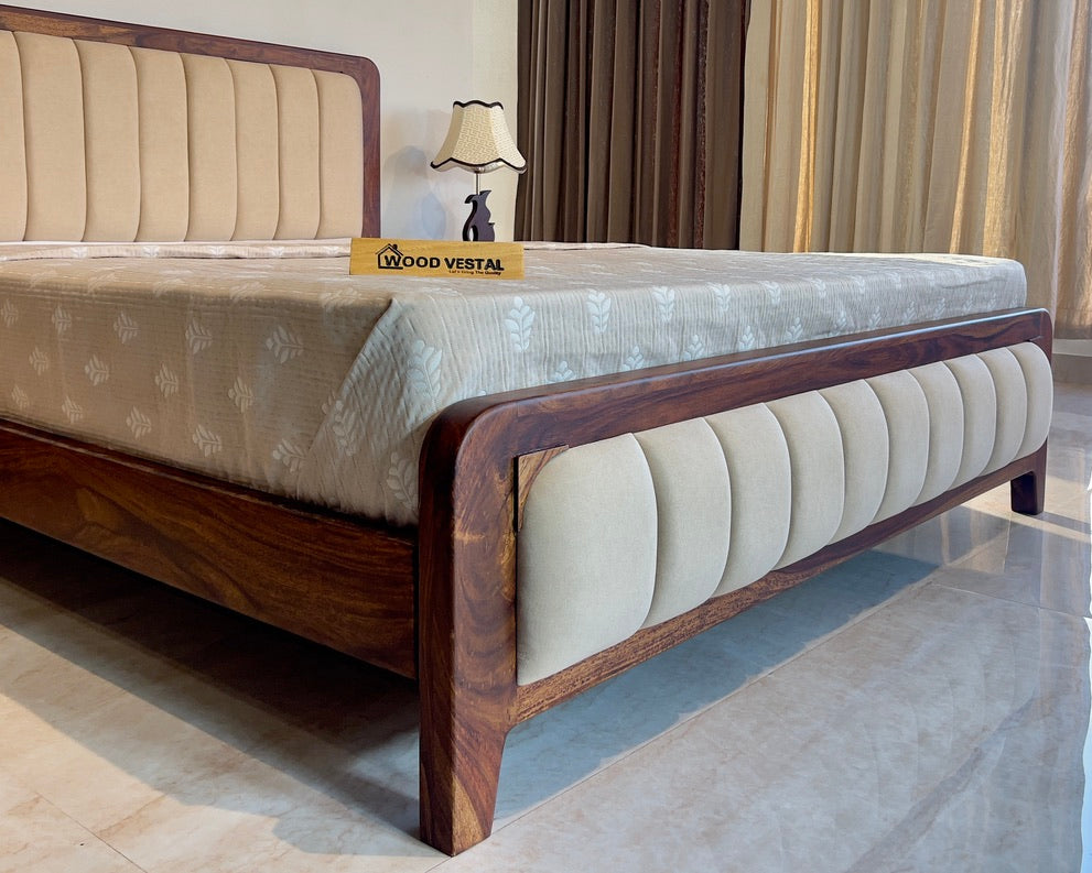 Sheesham Wood Bed with Upholstered Head Board & Foot Board, Solid Wood in Natural Finish, Modern Design | King Size - (78"x72") | Without Mattress & Side Tables | Low Highted