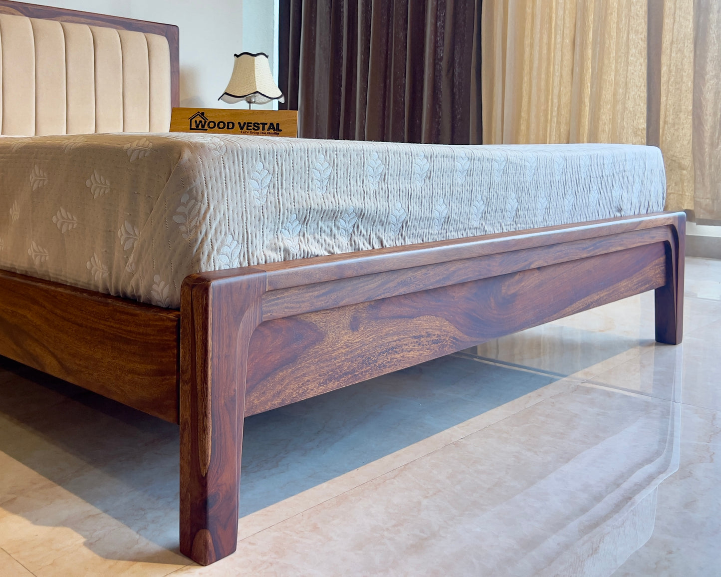 Sheesham Wood Modern Platform Bed with Upholstered Head Board, Solid Wood in Natural Finish, Modern Design | King Size - (78"x72") | Without Mattress & Side Tables | Low Highted