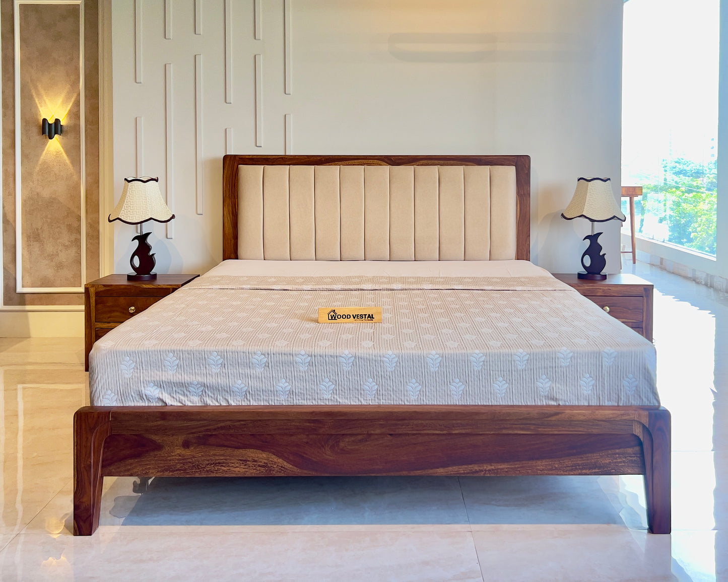 Sheesham Wood Modern Platform Bed with Upholstered Head Board, Solid Wood in Natural Finish, Modern Design | Sigle Bed | Mattress - (78"x48") | Without Mattress & Side Tables | Low Highted