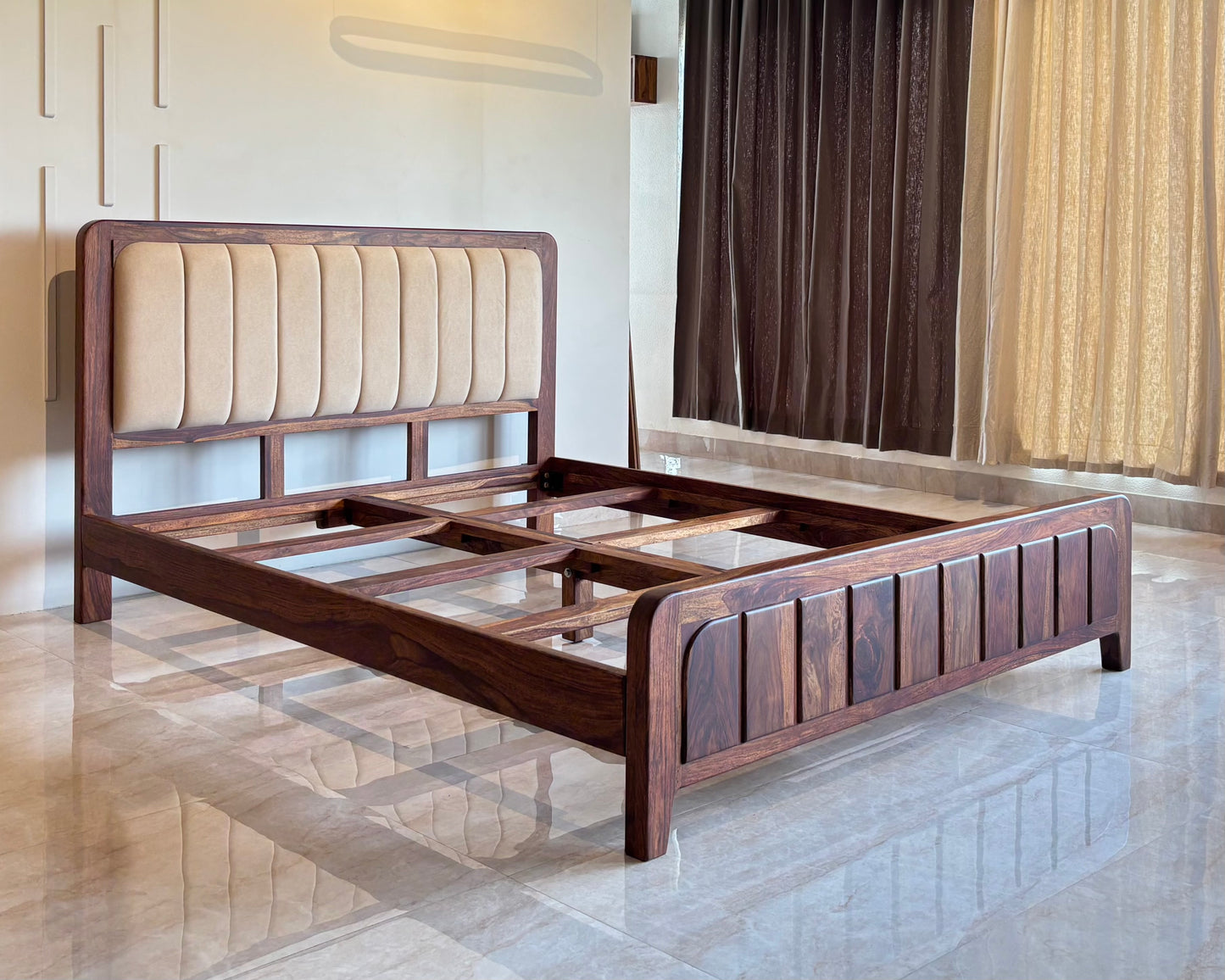 Wood Vestal Sheesham Wood Bed with Upholstered Head & Vertical Slat Foot, Solid Wood in Natural Finish, Modern Design | King Size - (78"x72") Without Mattress & Side Tables | Low Hight | WS - QVG - 6'