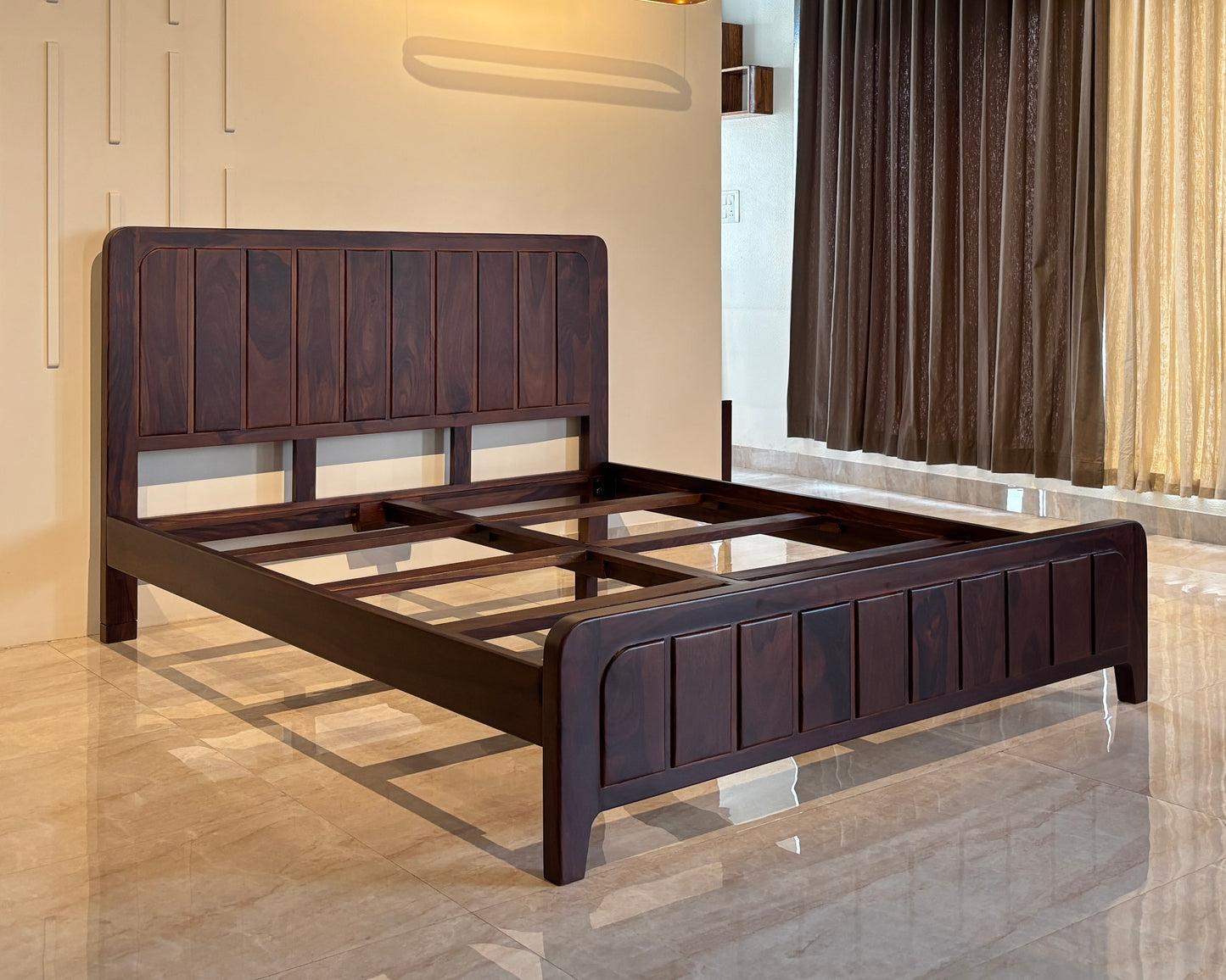 Wood Vestal Sheesham Wood Bed with Vertical Slat Head & Foot , Solid Wood in Natural Finish, Modern Design | Queen Size - (78"x60") | Without Mattress & Side Tables | Low Highted | WS - VG - 5 - D