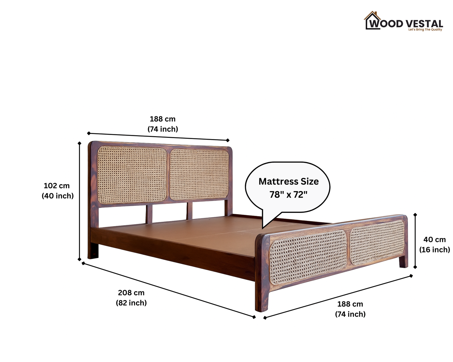 Wood Vestal Sheesham Wood Bed with Cane Rattan Headboard & Footboard, Solid Wood in Natural Finish, Modern Design | King Size - (78"x72") | Without Mattress & Side Tables | Low Highted | WS -CN - 6'