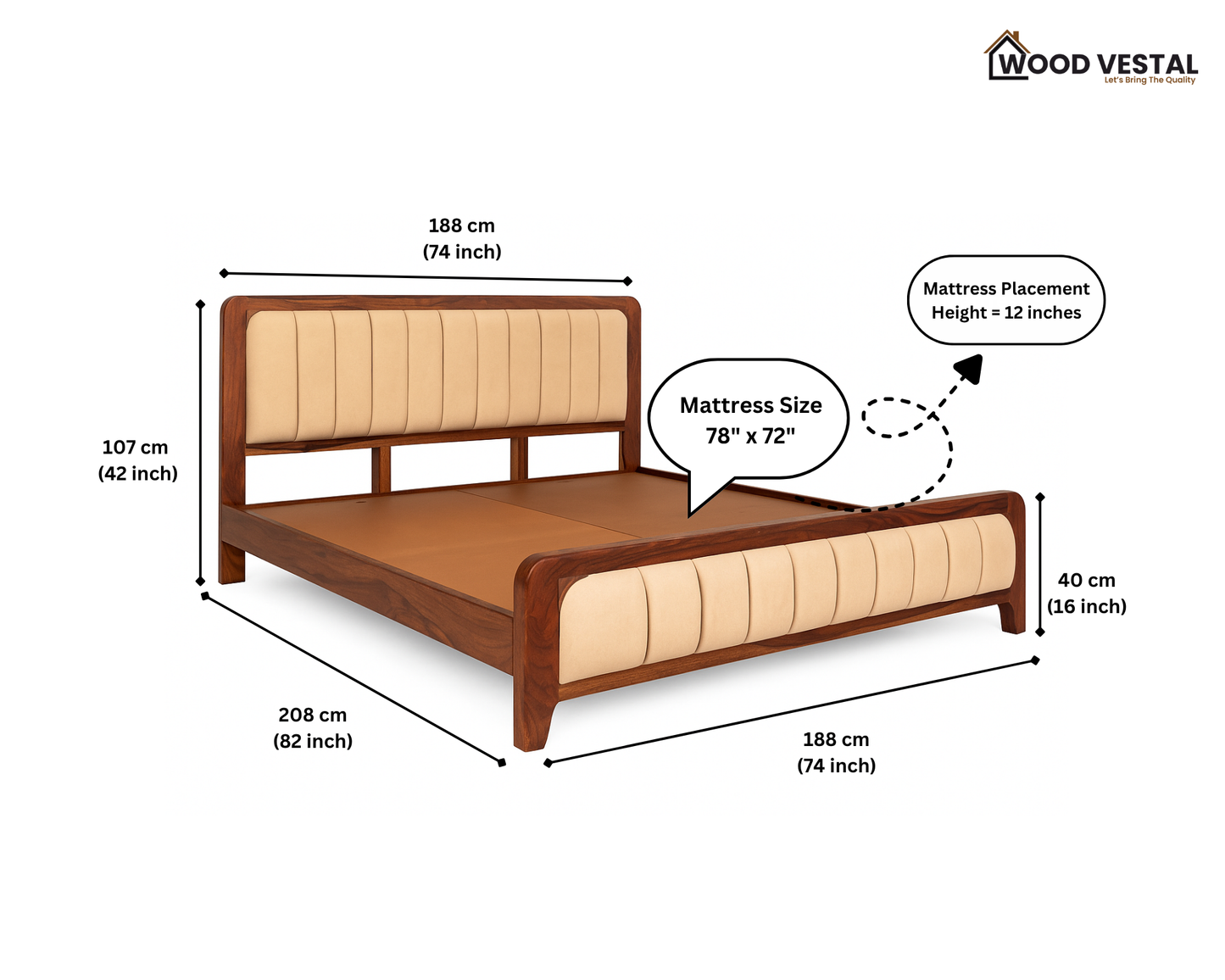 Sheesham Wood Bed with Upholstered Head Board & Foot Board, Solid Wood in Natural Finish, Modern Design | King Size - (78"x72") | Without Mattress & Side Tables | Low Highted | DQ - 6 - N