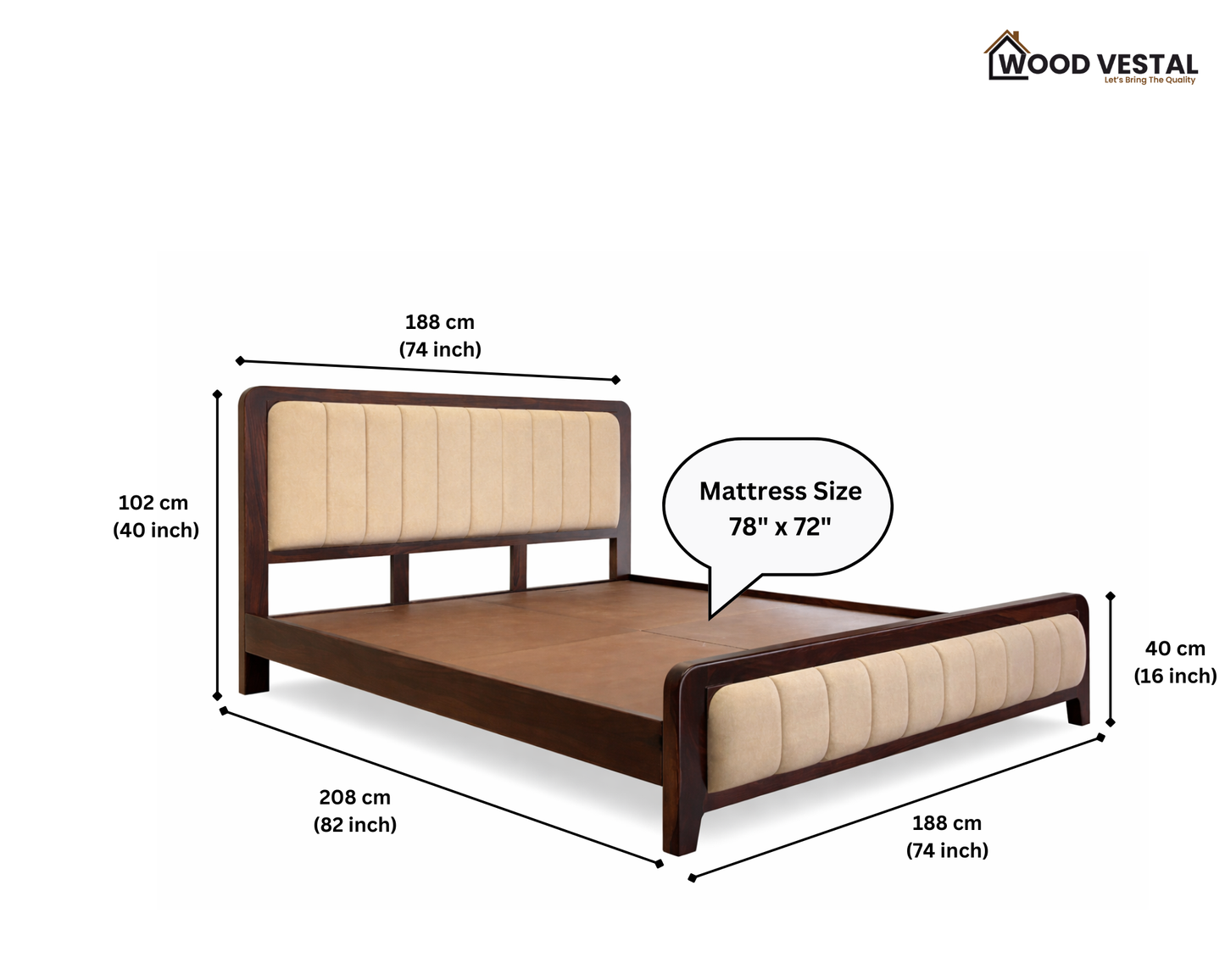 Wood Vestal Sheesham Wood Bed with Upholstered Head & Foot, Solid Wood, Modern Design | King Size - (78"x72") | Without Mattress & Side Tables | Low Highted | WS - DQ - 6' | Walnut Finish