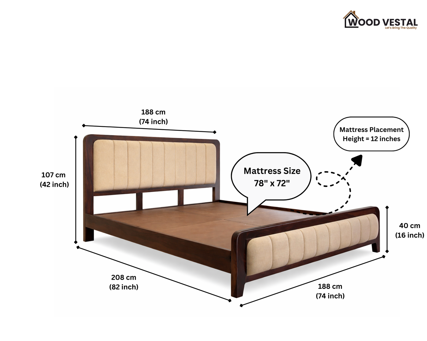 Wood Vestal Sheesham Wood Bed with Upholstered Head & Foot, Solid Wood, Modern Design | King Size - (78"x72") | Without Mattress & Side Tables | Low Highted | WS - DQ - 6 - D