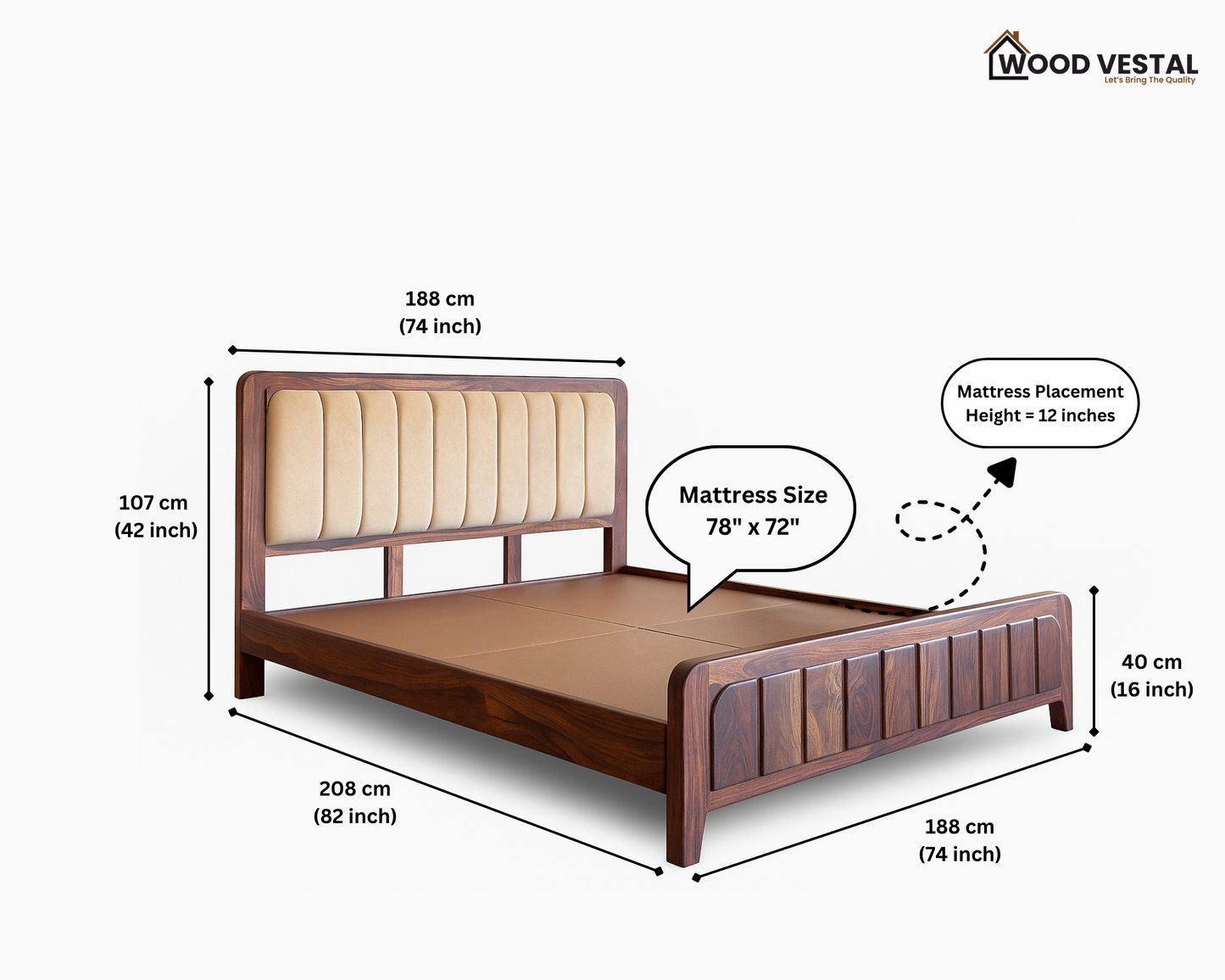 Wood Vestal Sheesham Wood Bed with Upholstered Head & Vertical Slat Foot, Solid Wood in Natural Finish, Modern Design | King Size - (78"x72") Without Mattress & Side Tables | Low Hight | WS - QVG - 6 - N
