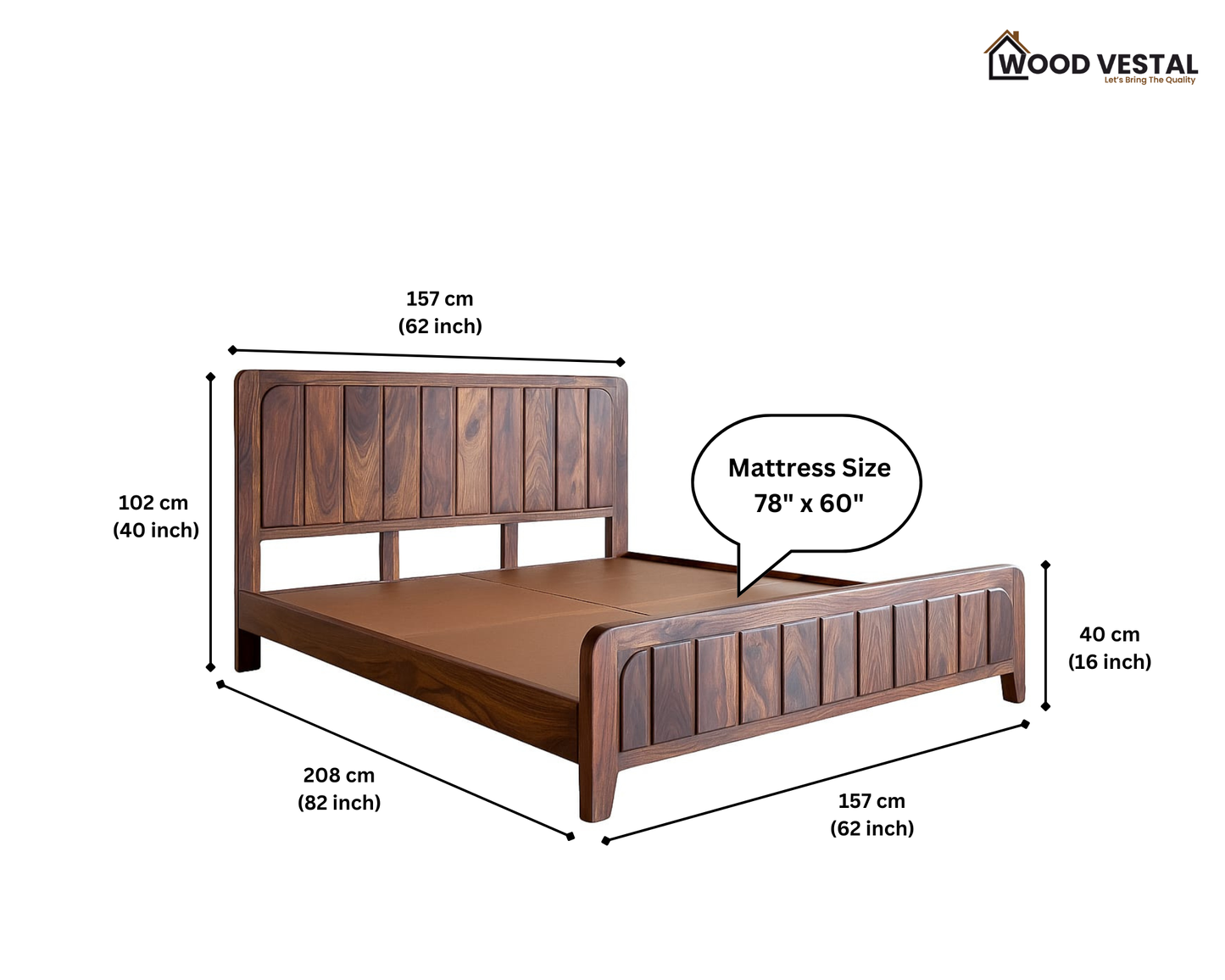 Wood Vestal Sheesham Wood Bed with Vertical Slat Head & Foot , Solid Wood in Natural Finish, Modern Design | Queen Size - (78"x60") | Without Mattress & Side Tables | Low Highted | WS - VG - 5'