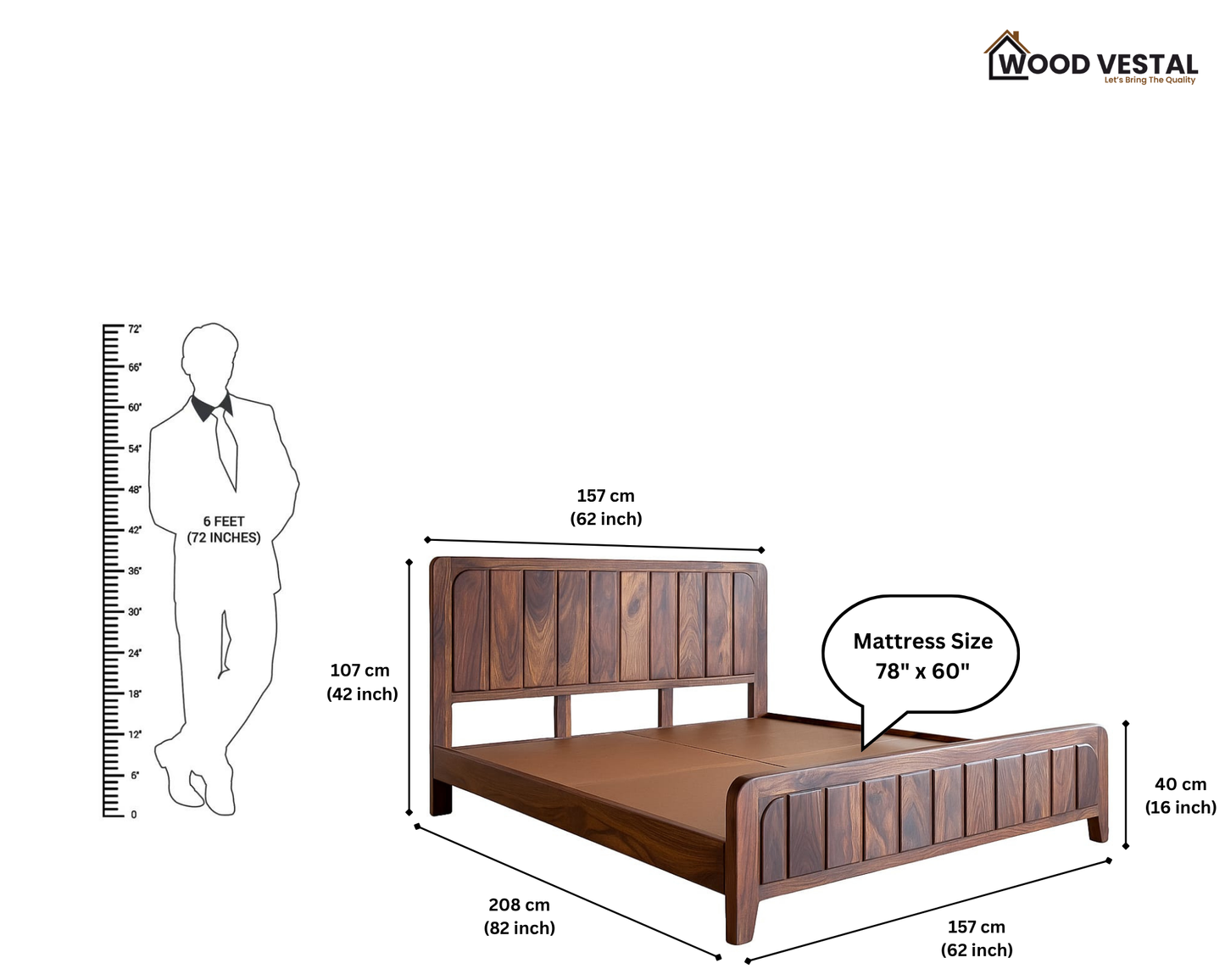 Wood Vestal Sheesham Wood Bed with Vertical Slat Head & Foot , Solid Wood in Natural Finish, Modern Design | Queen Size - (78"x60") | Without Mattress & Side Tables | Low Highted | WS - VG - 5'