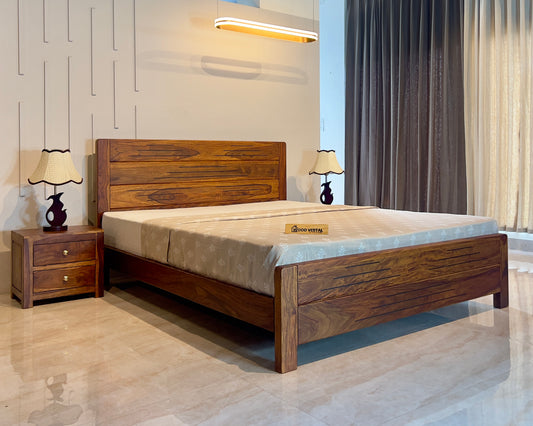 Sheesham Wood Bed Without Storage, Solid Wood in Natural Finish, Modern Design | Single Bed - Mattress Size (78"x48") | Bedroom Furniture | Without Mattress & Side Tables | Low Highted
