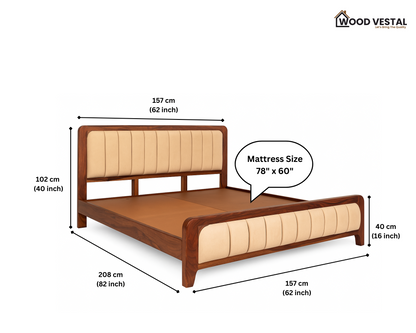 Sheesham Wood Bed with Upholstered Head Board & Foot Board, Solid Wood in Natural Finish, Modern Design | Queen Size - (78"x60") | Without Mattress & Side Tables | Low Highted