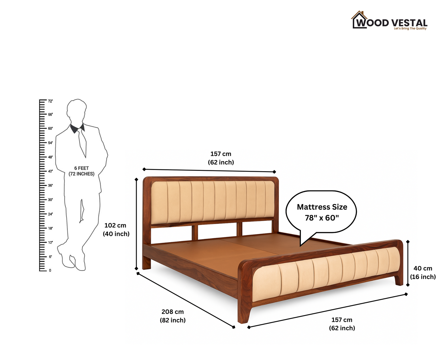 Sheesham Wood Bed with Upholstered Head Board & Foot Board, Solid Wood in Natural Finish, Modern Design | Queen Size - (78"x60") | Without Mattress & Side Tables | Low Highted