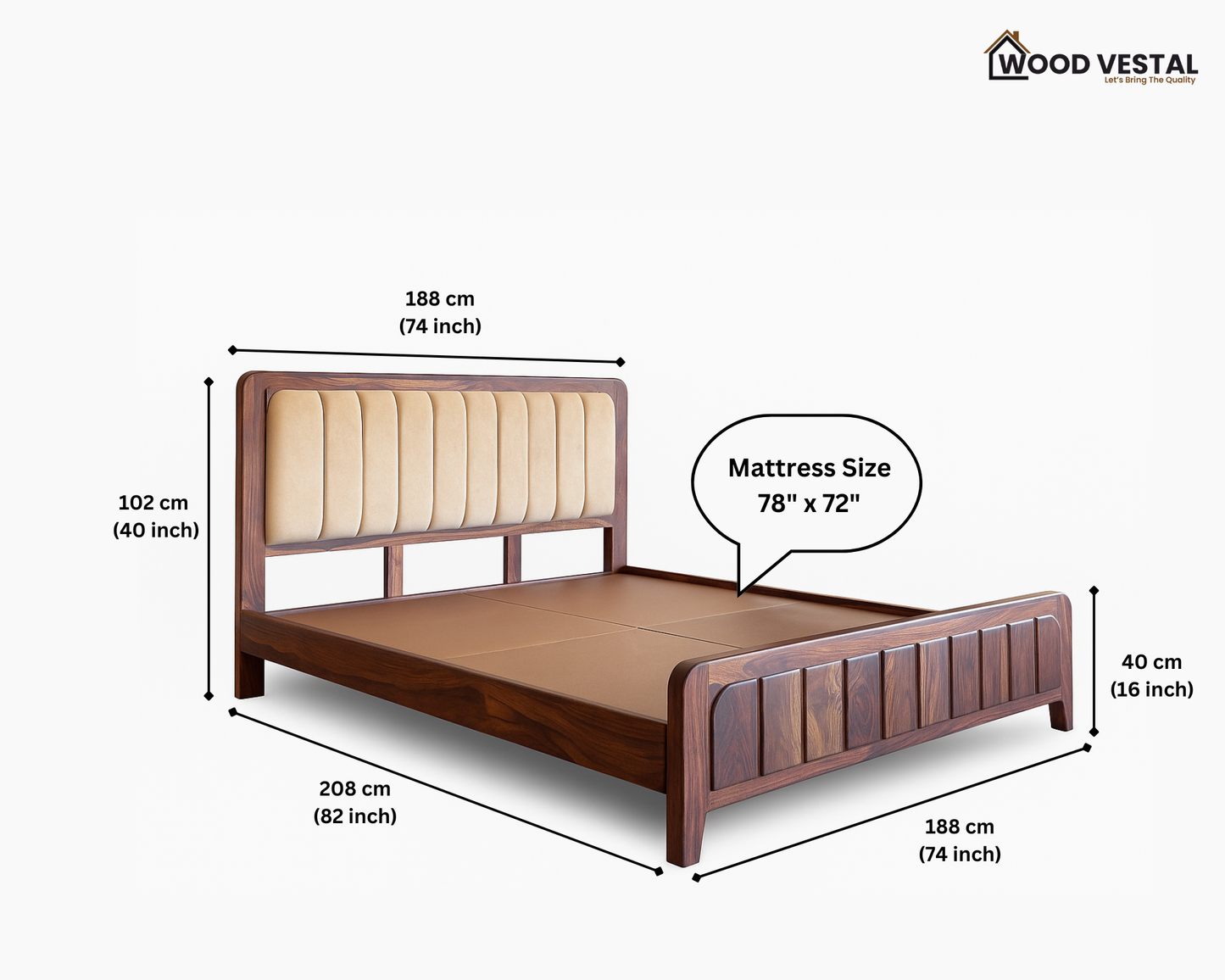 Wood Vestal Sheesham Wood Bed with Upholstered Head & Vertical Slat Foot, Solid Wood in Natural Finish, Modern Design | King Size - (78"x72") Without Mattress & Side Tables | Low Hight | WS - QVG - 6'