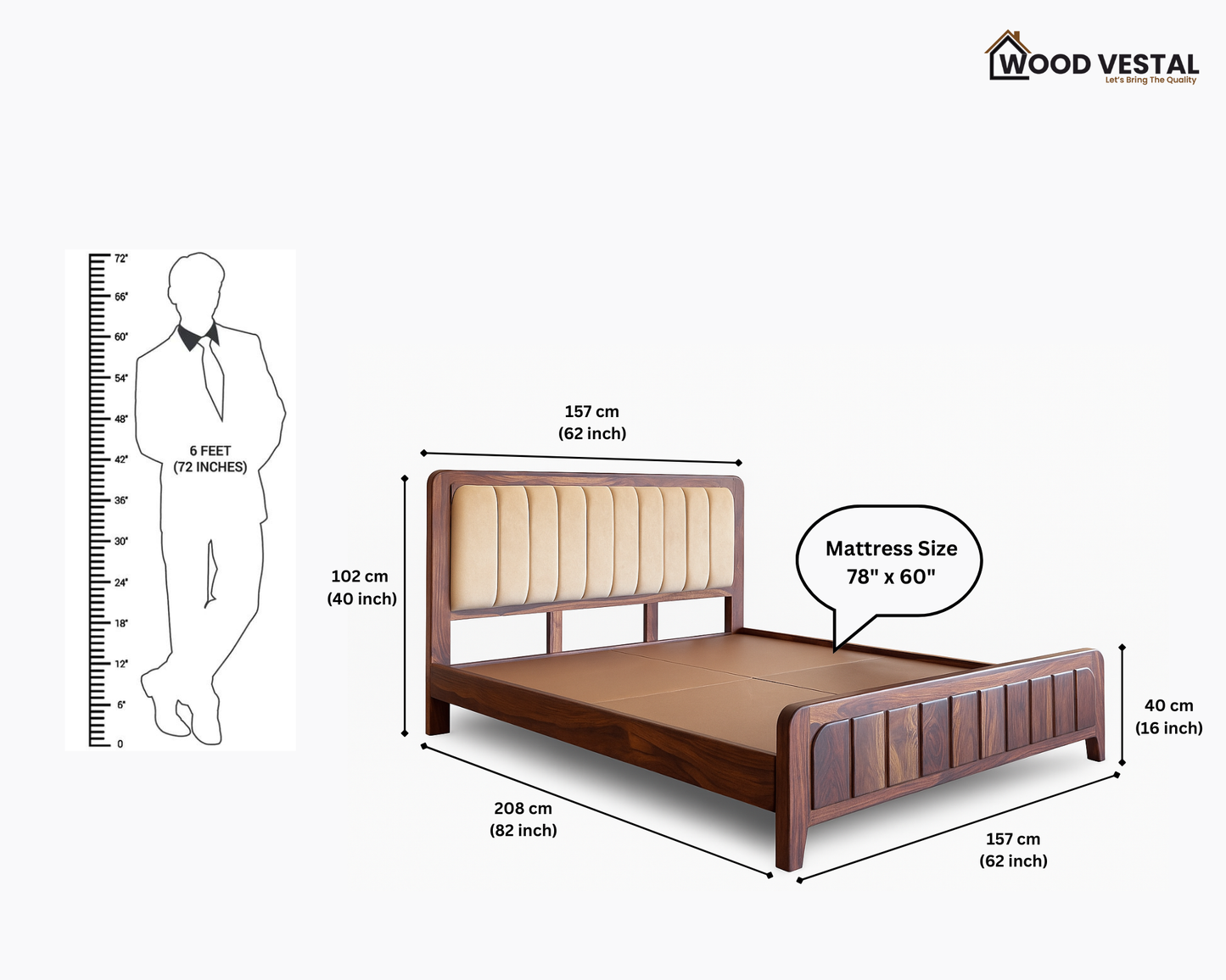 Wood Vestal Sheesham Wood Bed with Upholstered Head & Vertical Slat Foot, Solid Wood in Natural Finish, Modern Design | Queen Size - (78"x60") Without Mattress & Side Tables | Low Hight | WS - QVG - 5'