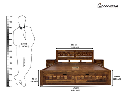 Sheesham Wood Bed in Storage & Drawer – Wooden Diamond Design – King Size
