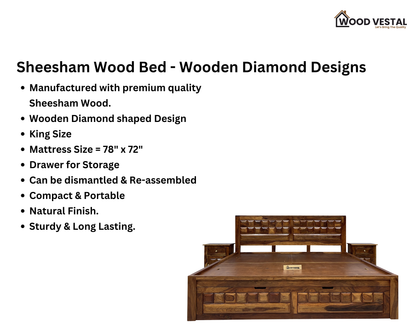 Sheesham Wood Bed in Storage & Drawer – Wooden Diamond Design – King Size