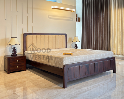 Wood Vestal Sheesham Wood Bed with Upholstered Head & Vertical Slat Foot, Solid Wood in Natural Finish, Modern Design | King Size - (78"x72") Without Mattress & Side Tables | Low Hight | WS - QVG - 6 - D