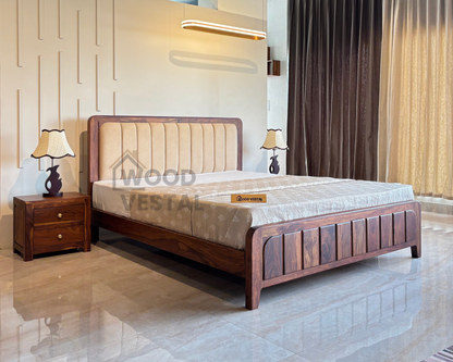 Wood Vestal Sheesham Wood Bed with Upholstered Head & Vertical Slat Foot, Solid Wood in Natural Finish, Modern Design | Queen Size - (78"x60") Without Mattress & Side Tables | Low Hight | WS - QVG - 5'