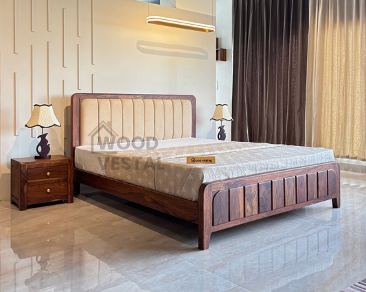 Wood Vestal Sheesham Wood Bed with Upholstered Head & Vertical Slat Foot, Solid Wood in Natural Finish, Modern Design | King Size - (78"x72") Without Mattress & Side Tables | Low Hight | WS - QVG - 6 - N