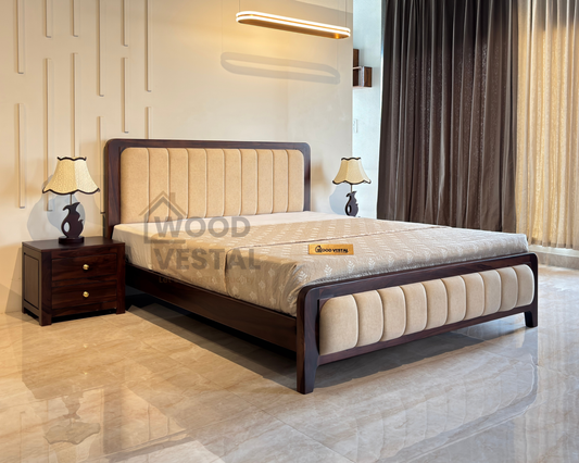 Wood Vestal Sheesham Wood Bed with Upholstered Head & Foot, Solid Wood, Modern Design | King Size - (78"x72") | Without Mattress & Side Tables | Low Highted | WS - DQ - 6' |  Walnut Finish