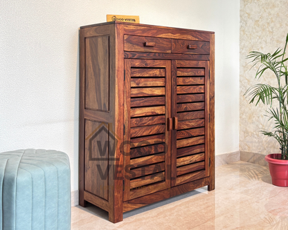 Sheesham Wood Shoe Rack with Drawers - Natural Finish