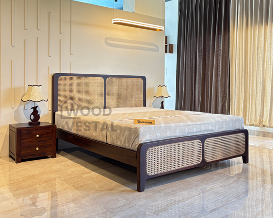 Wood Vestal Sheesham Wood Bed with Cane Rattan Headboard & Footboard, Solid Wood in Natural Finish, Modern Design | King Size - (78"x72") | Without Mattress & Side Tables | Low Highted | WS -CN - 6 - D