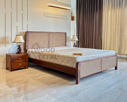Wood Vestal Sheesham Wood Bed with Cane Rattan Headboard & Footboard, Solid Wood in Natural Finish, Modern Design | Queen Size - (78"x60") | Without Mattress & Side Tables | Low Highted | WS -CN - 5 - N