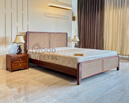 Wood Vestal Sheesham Wood Bed with Cane Rattan Headboard & Footboard, Solid Wood in Natural Finish, Modern Design | King Size - (78"x72") | Without Mattress & Side Tables | Low Highted | WS -CN - 6'