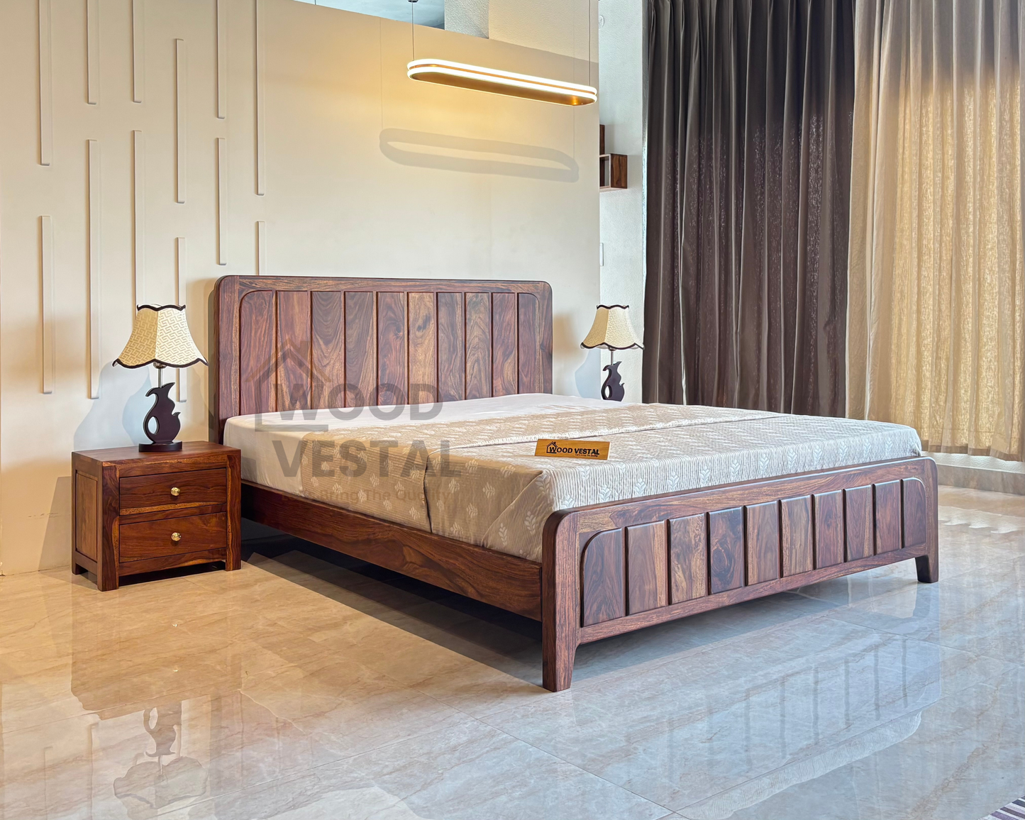 Wood Vestal Sheesham Wood Bed with Vertical Slat Head & Foot , Solid Wood in Natural Finish, Modern Design | Queen Size - (78"x60") | Without Mattress & Side Tables | Low Highted | WS - VG - 5'