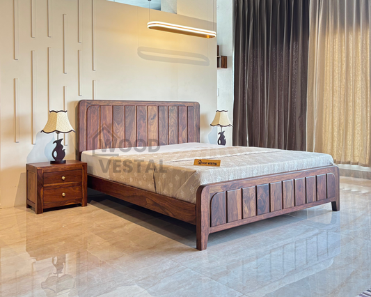 Wood Vestal Sheesham Wood Bed with Vertical Slat Head & Foot , Solid Wood in Natural Finish, Modern Design | Queen Size - (78"x60") | Without Mattress & Side Tables | Low Highted | WS - VG - 5'