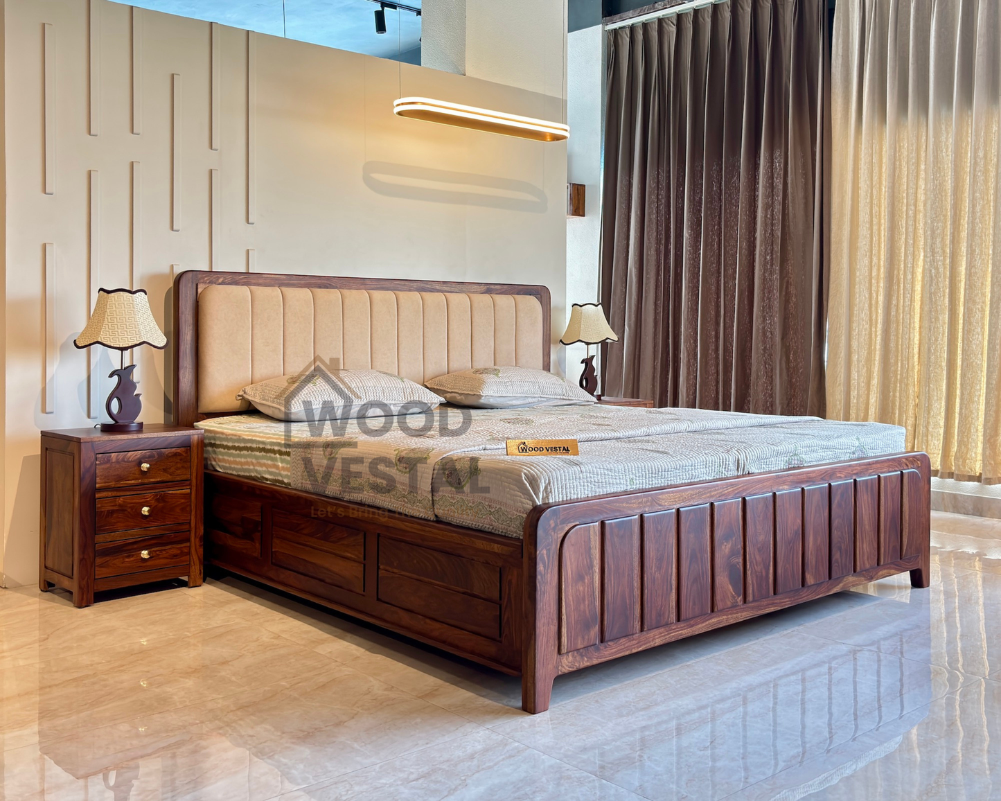 Wood Vestal Sheesham Wood Bed with Upholstered Head & Vertical Slat Foot, Solid Wood in Natural Finish, Modern Design | Queen Size - (78"x60") Without Mattress & Side Tables | With Storage | Storage - QVG - 5 - N