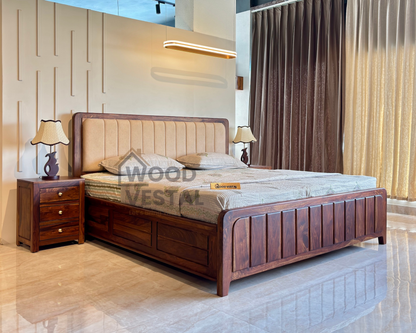 Wood Vestal Sheesham Wood Bed with Upholstered Head & Vertical Slat Foot, Solid Wood in Natural Finish, Modern Design | Queen Size - (78"x60") Without Mattress & Side Tables | With Storage | Storage - QVG - 5 - N