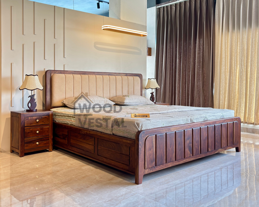 Wood Vestal Sheesham Wood Bed with Upholstered Head & Vertical Slat Foot, Solid Wood in Natural Finish, Modern Design | King Size - (78"x72") Without Mattress & Side Tables | With Storage | Storage - QVG - 6 - N