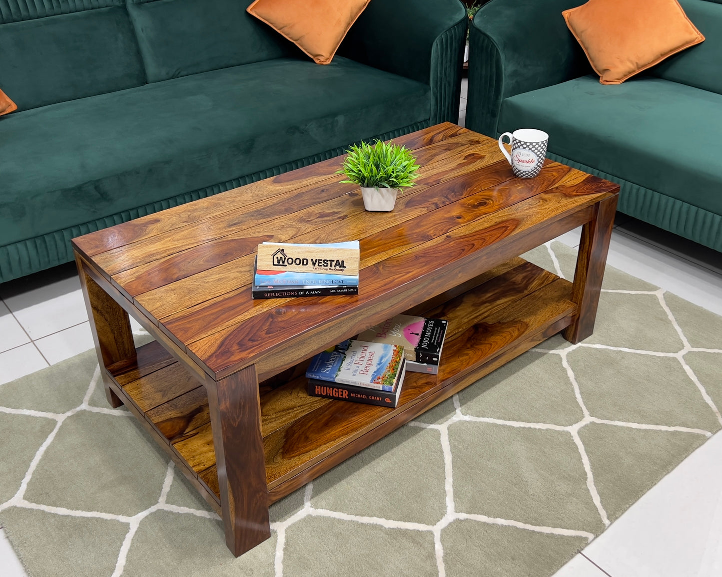 Sheesham Wood Coffee Table/ Centre Table - Group Design on Top - Natural Finish