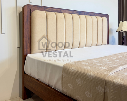 Sheesham Wood Bed with Upholstered Head Board & Foot Board, Solid Wood in Natural Finish, Modern Design | Queen Size - (78"x60") | Without Mattress & Side Tables | Low Highted | DQ - 5 - N