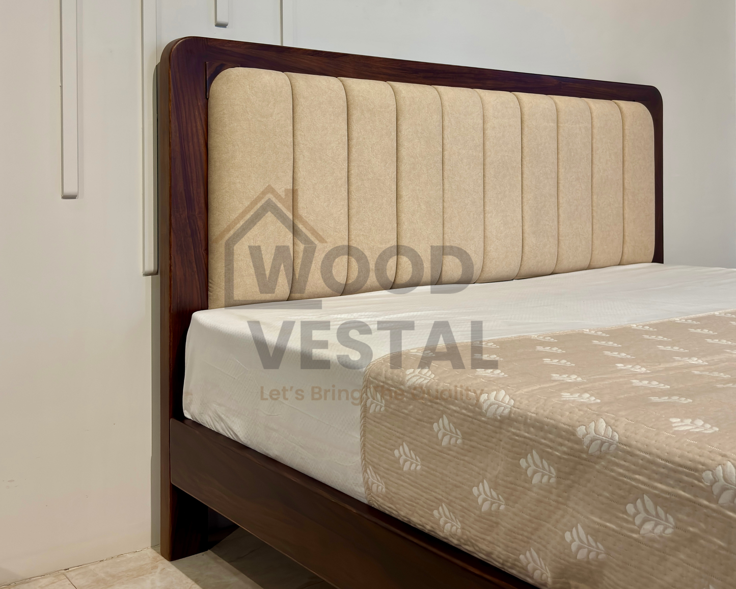 Wood Vestal Sheesham Wood Bed with Upholstered Head & Vertical Slat Foot, Solid Wood in Natural Finish, Modern Design | King Size - (78"x72") Without Mattress & Side Tables | Low Hight | WS - QVG - 6 - D