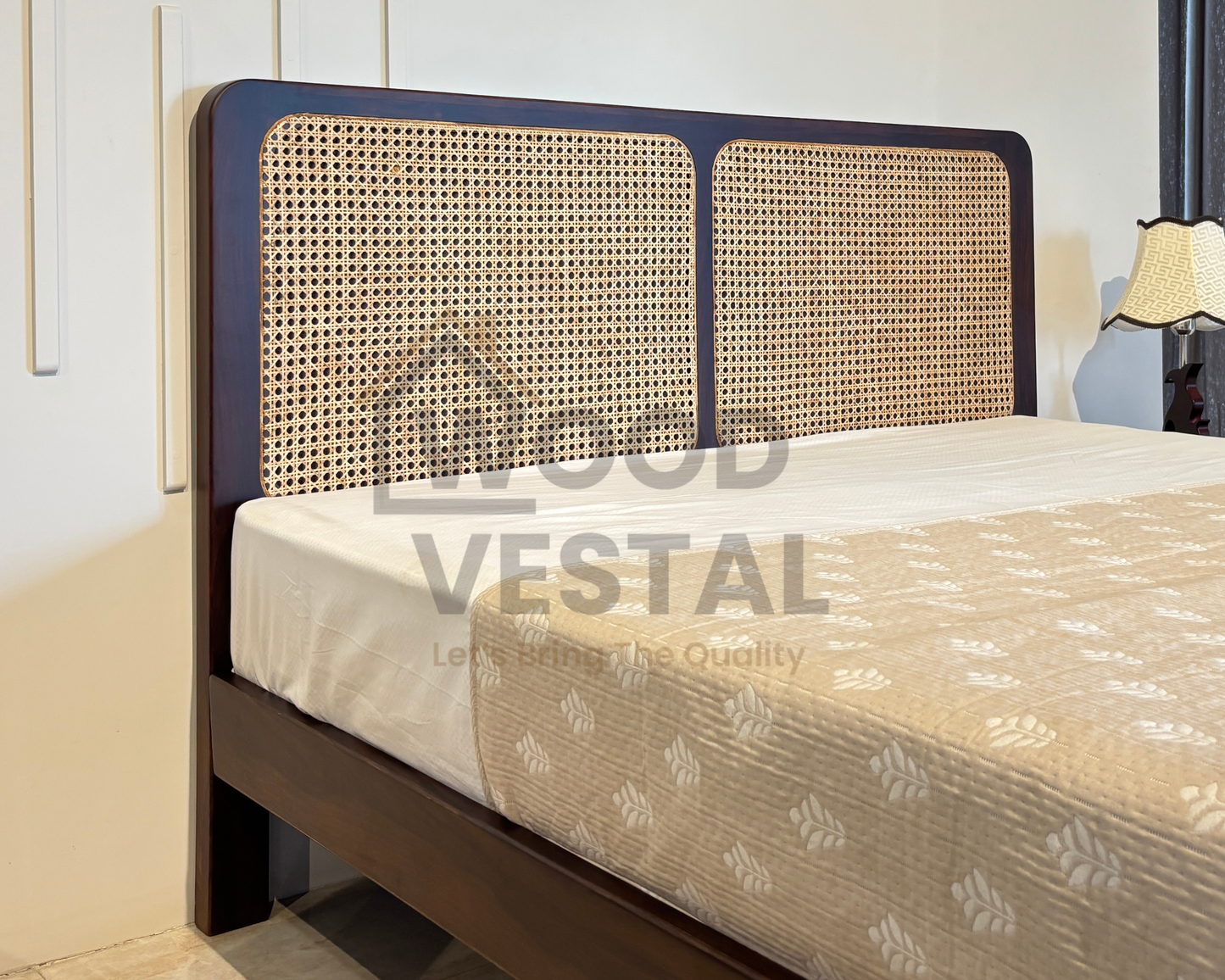 Wood Vestal Sheesham Wood Bed with Cane Rattan Headboard & Footboard, Solid Wood in Natural Finish, Modern Design | Queen Size - (78"x60") | Without Mattress & Side Tables | Low Highted | WS -CN - 5 - D