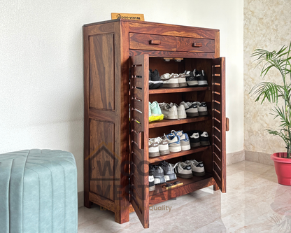 Sheesham Wood Shoe Rack with Drawers - Natural Finish