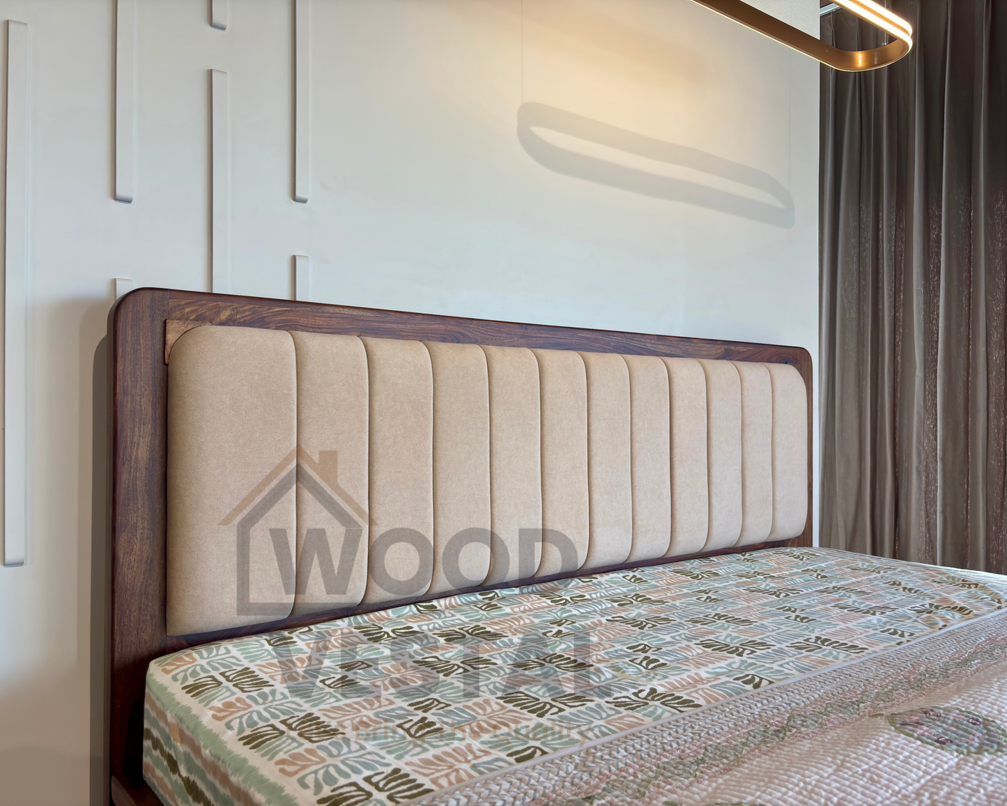 Wood Vestal Sheesham Wood Bed with Upholstered Head & Vertical Slat Foot, Solid Wood in Natural Finish, Modern Design | Queen Size - (78"x60") Without Mattress & Side Tables | With Storage | Storage - QVG - 5 - N