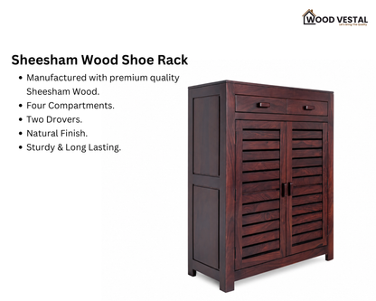 Sheesham Wood Shoe Rack with Drawers - Walnut Finish