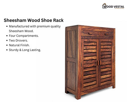 Sheesham Wood Shoe Rack with Drawers - Natural Finish