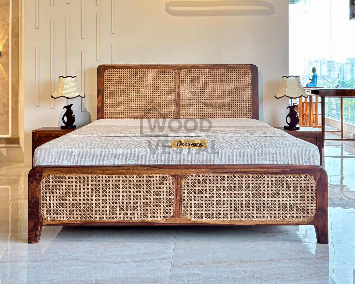Wood Vestal Sheesham Wood Bed with Cane Rattan Headboard & Footboard, Solid Wood in Natural Finish, Modern Design | Queen Size - (78"x60") | Without Mattress & Side Tables | Low Highted | WS -CN - 5 - N