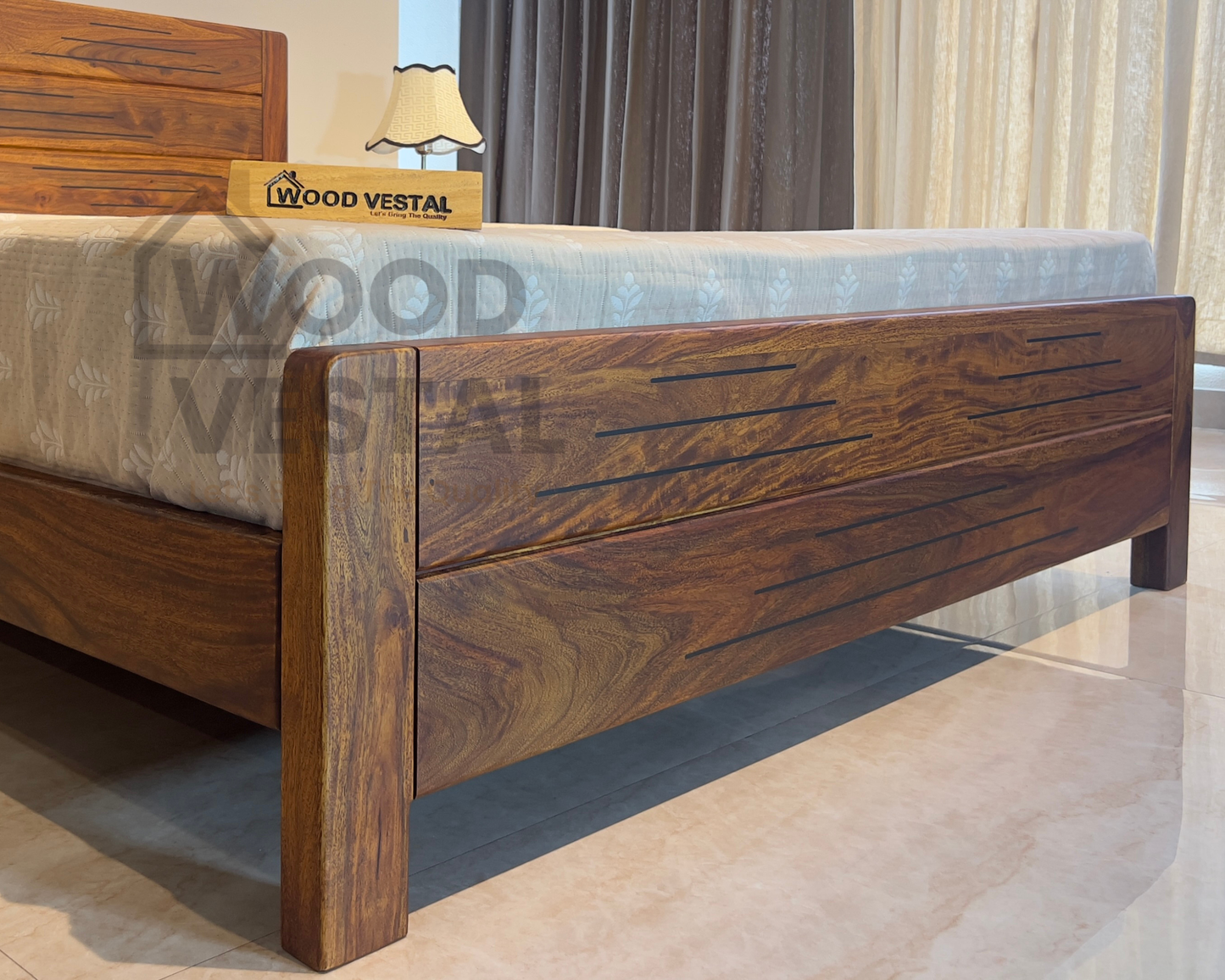 Sheesham Wood Bed Without Storage, Solid Wood in Natural Finish, Modern Design | King Size - Mattress Size (78"x72") | Bedroom Furniture | Without Mattress & Side Tables | Low Highted